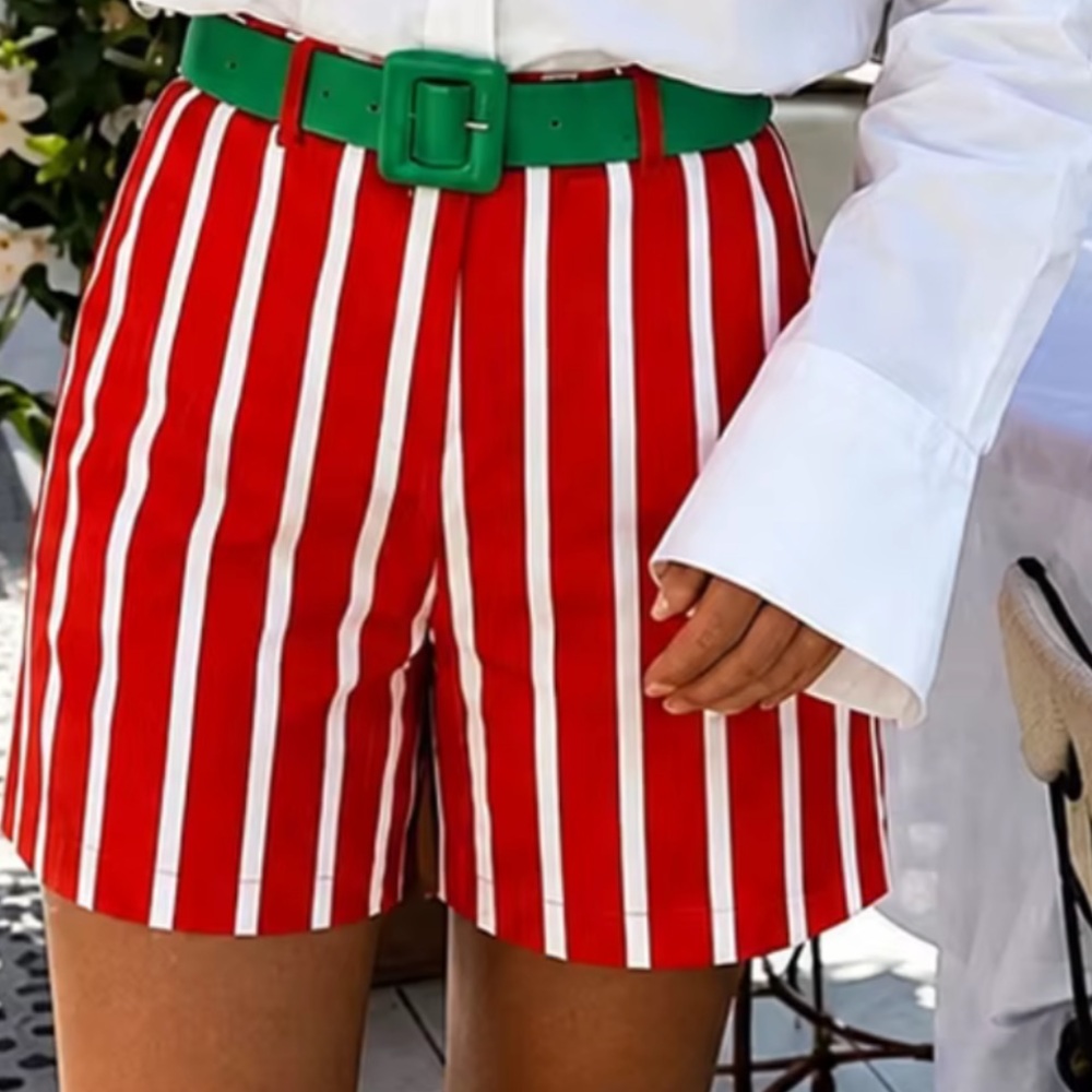 Zara Red & White Striped High-Rise Bermudas with Green Belt